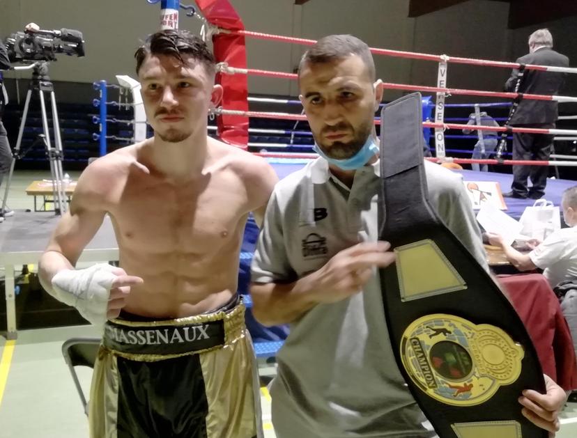 Amaury Massenaux and his coach Rachid Mokhtari pictured at the Vise boxing gala, Saturday 03 April 2021.  BELGA PHOTO BERNARD CERF
