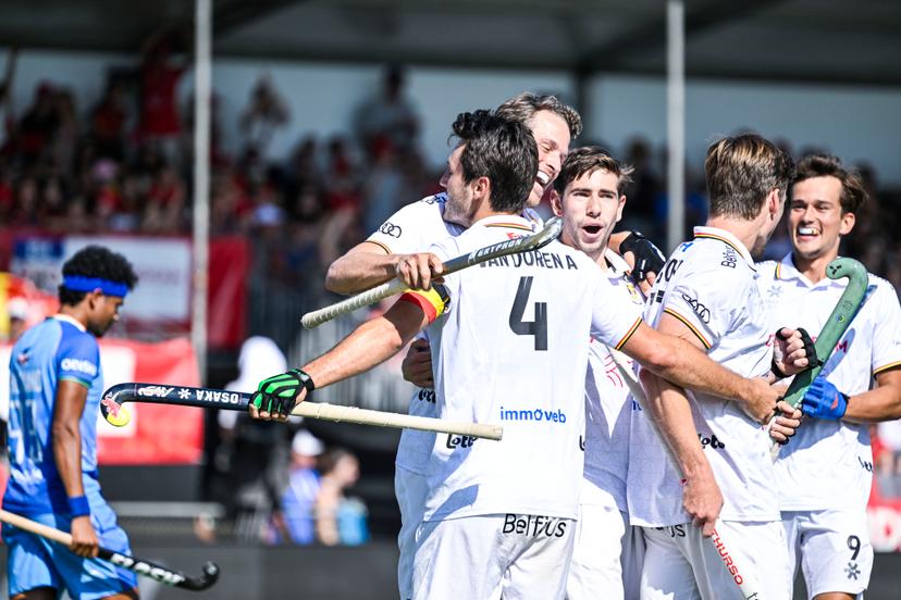 Belgium's Arthur Van Doren celebrates after scoring during a hockey game between Belgian national team Red Lions and India, match 13/16 in the group stage of the 2025 Men's FIH Pro League, Saturday 21 June 2025 in Antwerp. BELGA PHOTO TOM GOYVAERTS