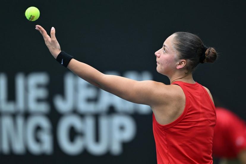 Belgium's Sofia Costoulas serves to China's Wang Xiyu during their women's singles match at the Billie Jean King Cup tennis play-offs at the Guangzhou Nansha International Tennis Center in Guangzhou, in south China's Guangdong province on November 17, 2024.  STR / AFP