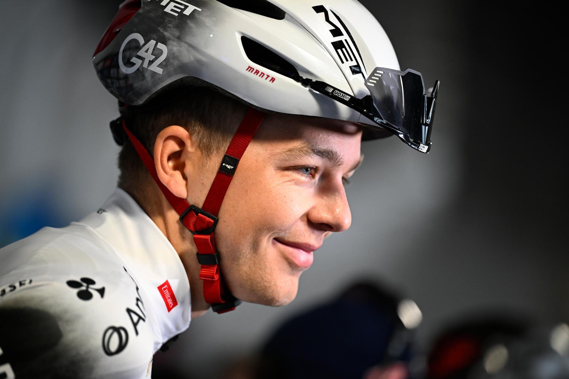 Belgian Florian Vermeersch of UAE Team Emirates pictured at the start of the 80th edition of the men's one-day cycling race Omloop Het Nieuwsblad (UCI World Tour), 197 km from Gent to Ninove, Saturday 01 March 2025. BELGA PHOTO JASPER JACOBS