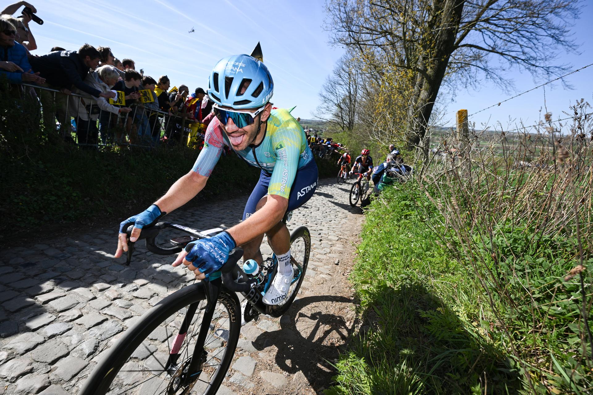 Italian Davide Ballerini of XDS Astana Team pictured in action on Koppenberg during the men's race of the 'Ronde van Vlaanderen/ Tour des Flandres/ Tour of Flanders' one day cycling race, 268,9km from Brugge to Oudenaarde, Sunday 06 April 2025. BELGA PHOTO POOL DARIO BELINGHERI