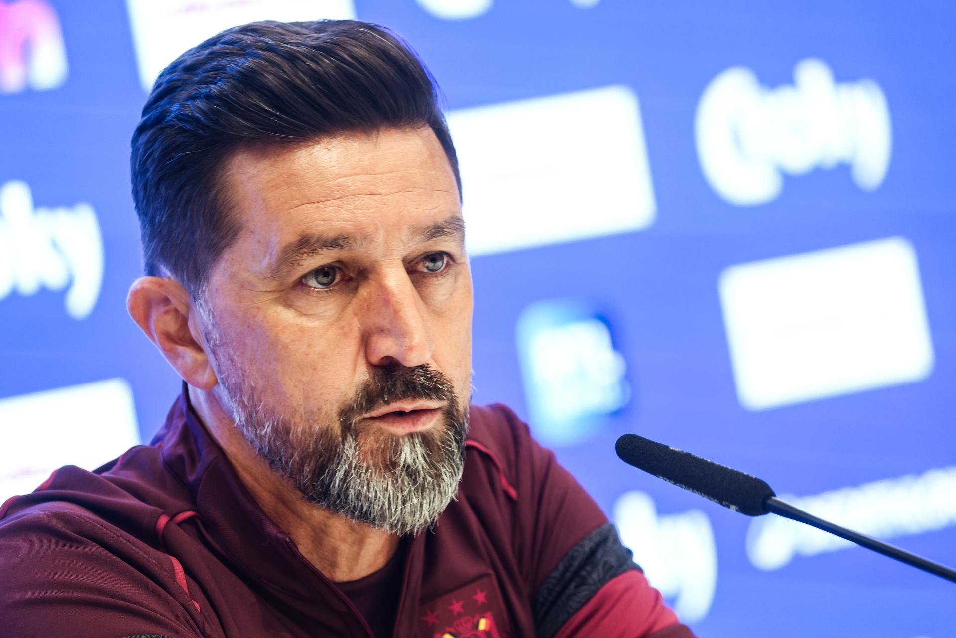 Anderlecht's head coach Besnik Hasi pictured during a press conference of Belgian soccer team RSC Anderlecht in Brussels, Saturday 03 May 2025. The team is preparing for the Belgian Cup final (Croky Cup) match against Club Brugge this sunday. BELGA PHOTO BRUNO FAHY