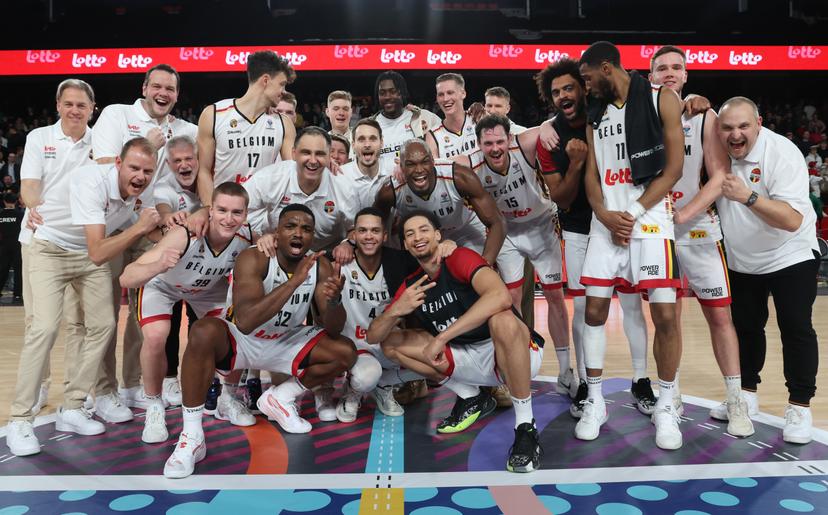 Belgium's players celebrate after winning a basketball match between Belgium's national team Belgian Lions and Slovakia, Thursday 20 February 2025 in Charleroi, game 5/6 in the group stage of the qualifications for the Eurobasket 2025 European championships. BELGA PHOTO VIRGINIE LEFOUR