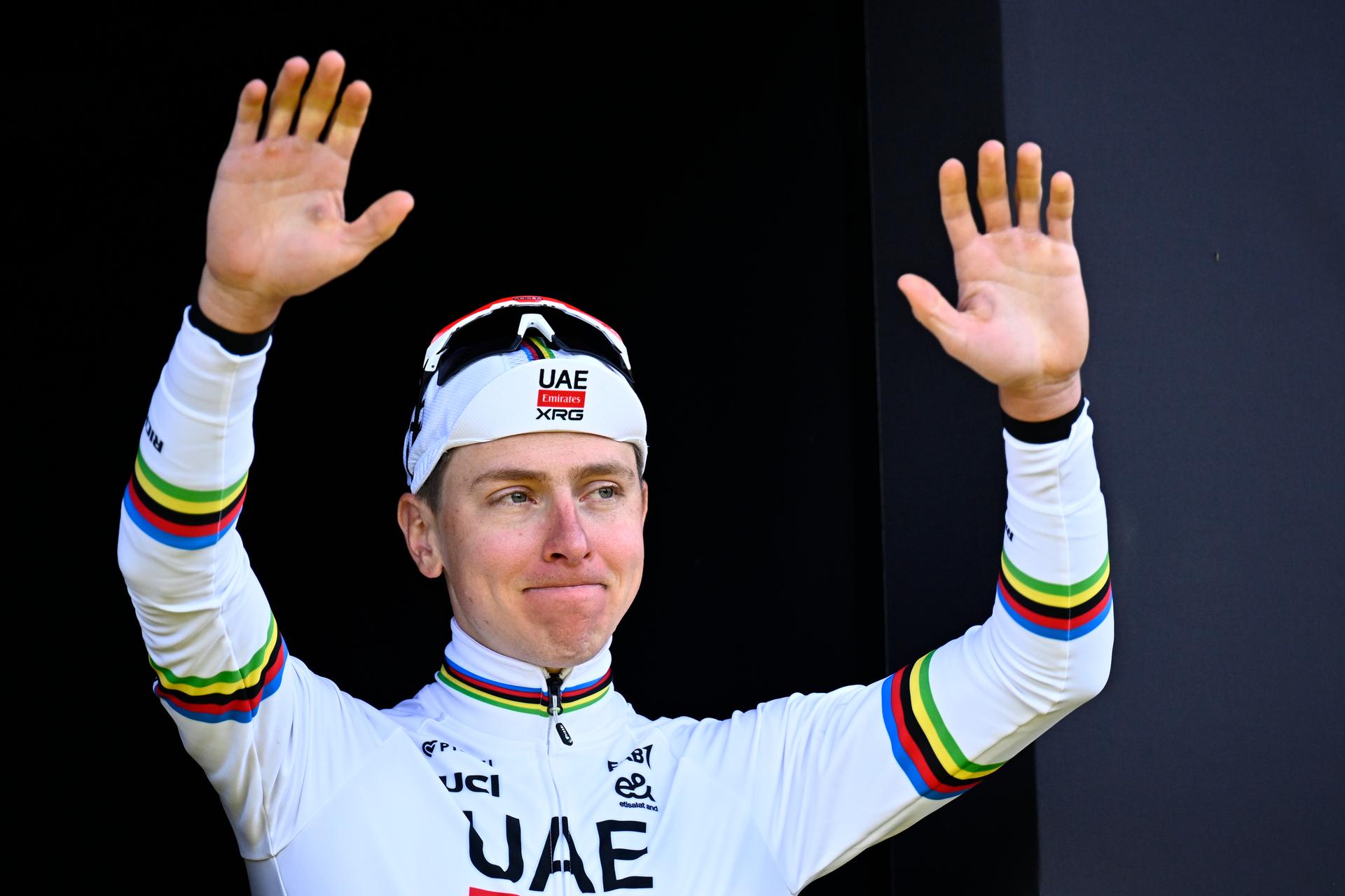 Winner Slovenian Tadej Pogacar of UAE Team Emirates celebrates on the podium of the men's race of the 'Ronde van Vlaanderen/ Tour des Flandres/ Tour of Flanders' UCI WorldTour one day cycling race, 278 km from Antwerp to Oudenaarde, Sunday 05 April 2026. BELGA PHOTO JASPER JACOBS