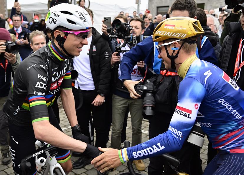 Slovenian Tadej Pogacar of UAE Team Emirates and Belgian Remco Evenepoel of Soudal Quick-Step pictured at the start of the men's race of the 'La Fleche Wallonne', one day cycling race (Waalse Pijl - Walloon Arrow), 205,2 km from Ciney to Huy, Wednesday 23 April 2025. BELGA PHOTO DIRK WAEM