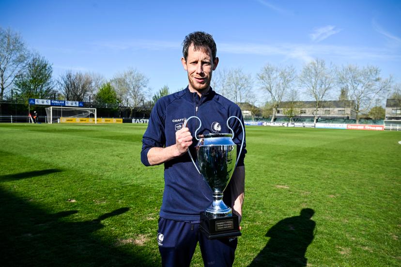 Gent's head coach Thomas Matton Jong KAA Gent players (Gent U23) celebrate after winning the champion's title (Eerste Nationale), Saturday 05 April 2025, in Gent. BELGA PHOTO TOM GOYVAERTS