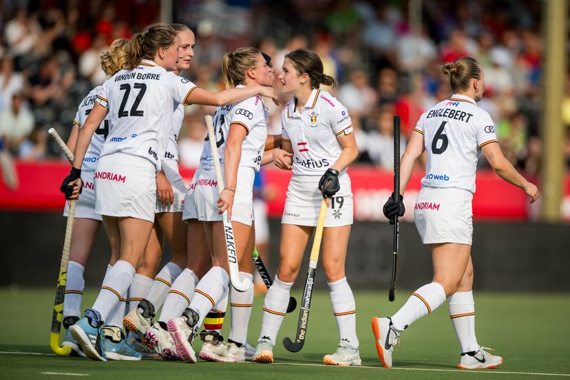 Belgium's players celebrate after scoring during a hockey game between Belgian national team Red Panthers and Spain, match 11/16 in the group stage of the 2025 women's FIH Pro League, Tuesday 17 June 2025 in Antwerp. BELGA PHOTO JASPER JACOBS