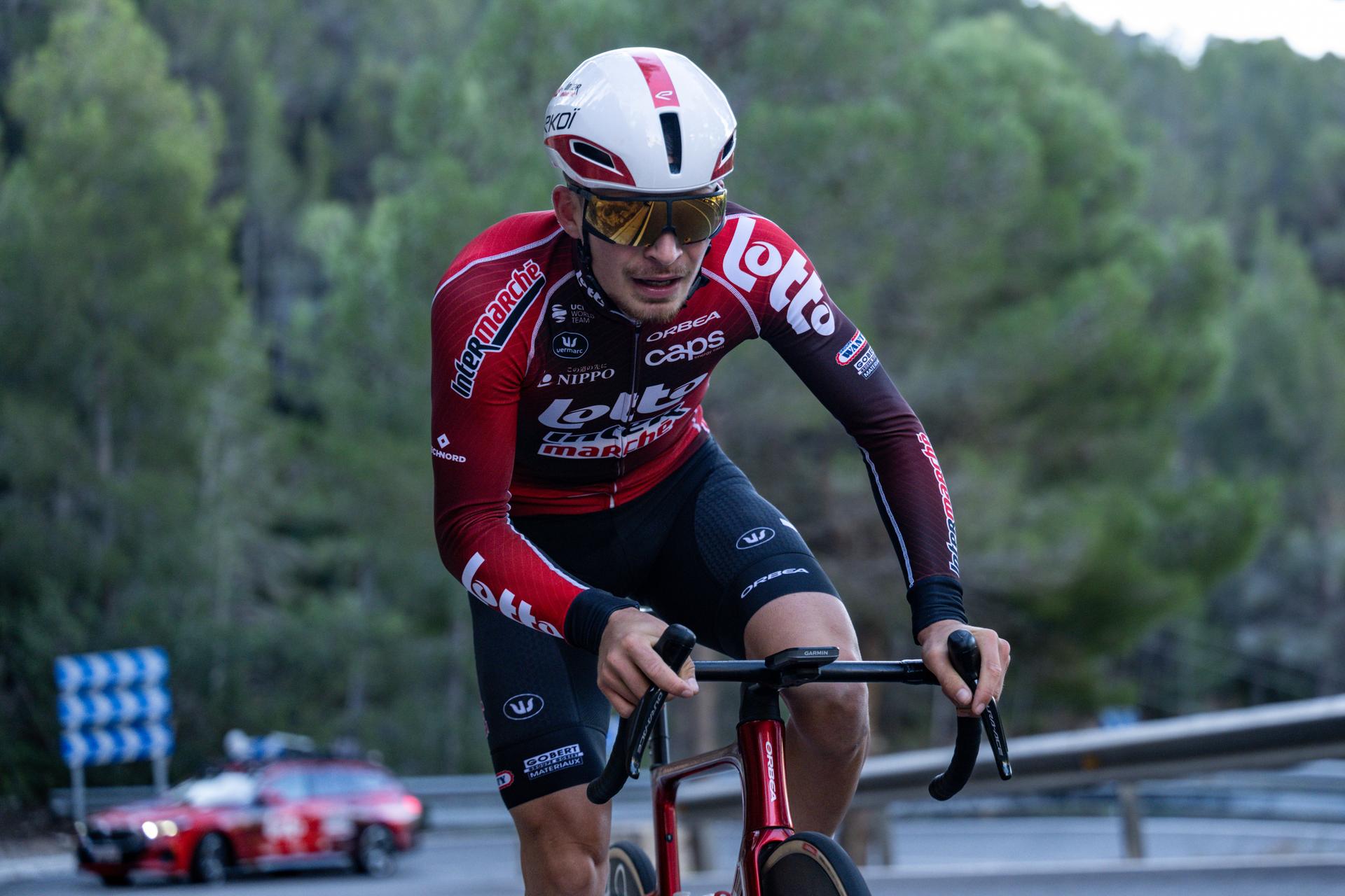 French Matys Grisel of Lotto-Intermarche pictured in action during a training ride of the Lotto-Intermarche cycling team in Albir, Spain, Thursday 15 January 2026. BELGA PHOTO DAVID PINTENS