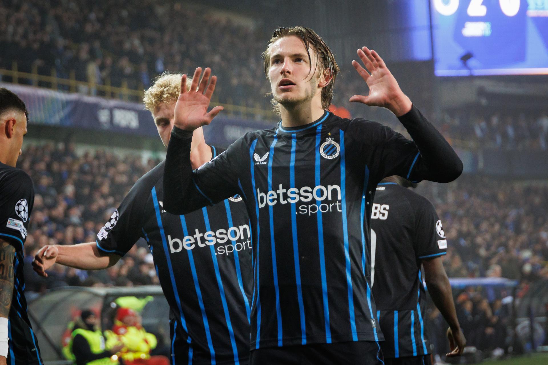 Club's Romeo Vermant celebrates after scoring during a soccer game between Belgian Club Brugge and French Olympique de Marseille, Wednesday 28 January 2026 in Brugge, on day eight of the League phase of the UEFA Champions League tournament. BELGA PHOTO KURT DESPLENTER