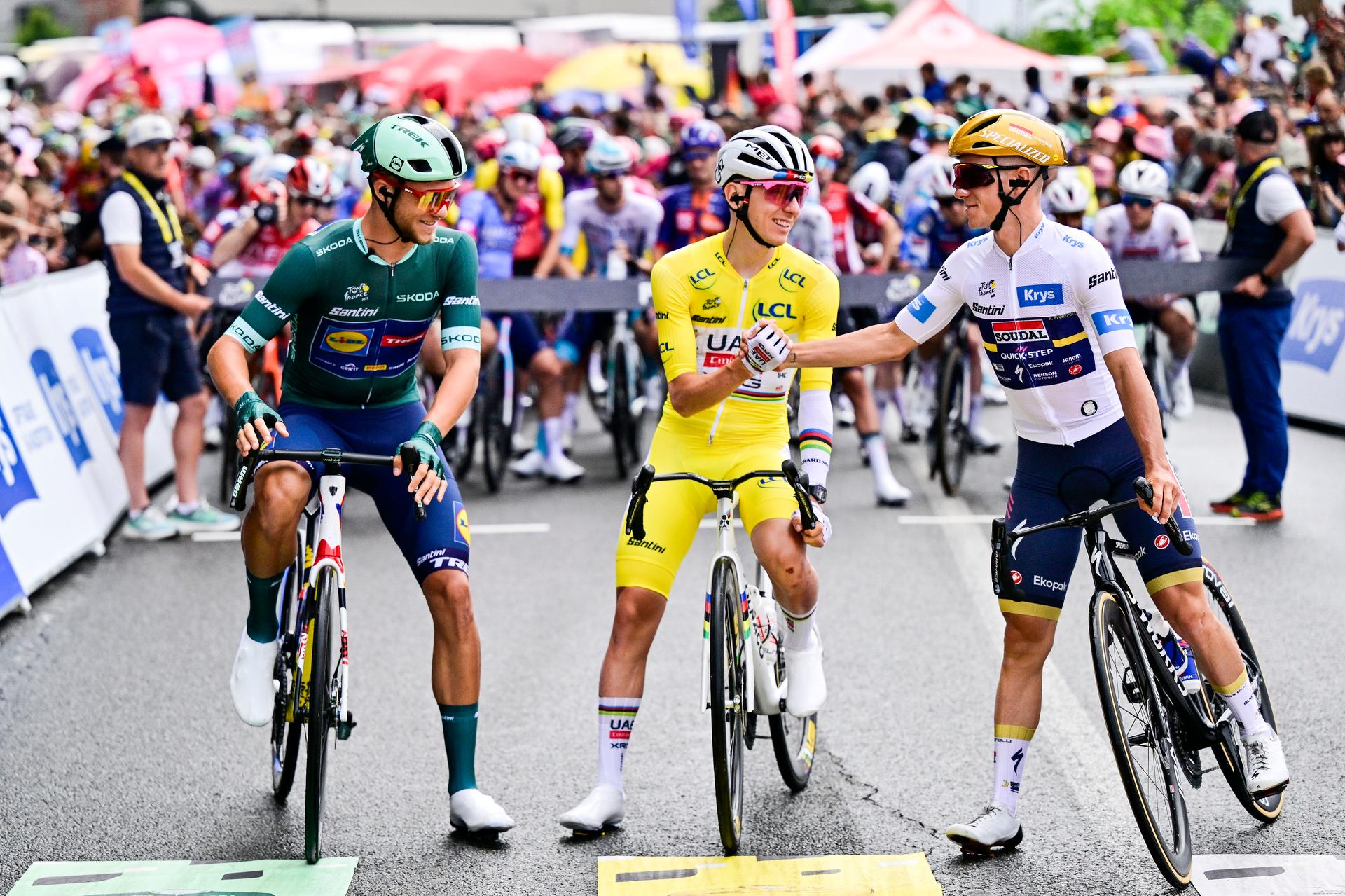 Italian Jonathan Milan of Lidl-Trek, Slovenian Tadej Pogacar of UAE Team Emirates and Belgian Remco Evenepoel of Soudal Quick-Step pictured at the start of stage 14 of the 2025 Tour de France cycling race, from Pau to Luchon-Superbagneres (183 km), on Saturday 19 July 2025 in France. The 112th edition of the Tour de France starts on Saturday 5 July in Lille, France, and will finish in Paris, France on the 27th of July. BELGA PHOTO DIRK WAEM