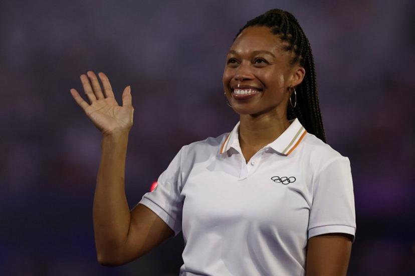 US' athlete Allyson Felix waves as she is presented by Paris 2024 Olympians as a new member of the IOC Athletes' Commission during the closing ceremony of the Paris 2024 Olympic Games at the Stade de France, in Saint-Denis, in the outskirts of Paris, on August 11, 2024.  Franck FIFE / AFP