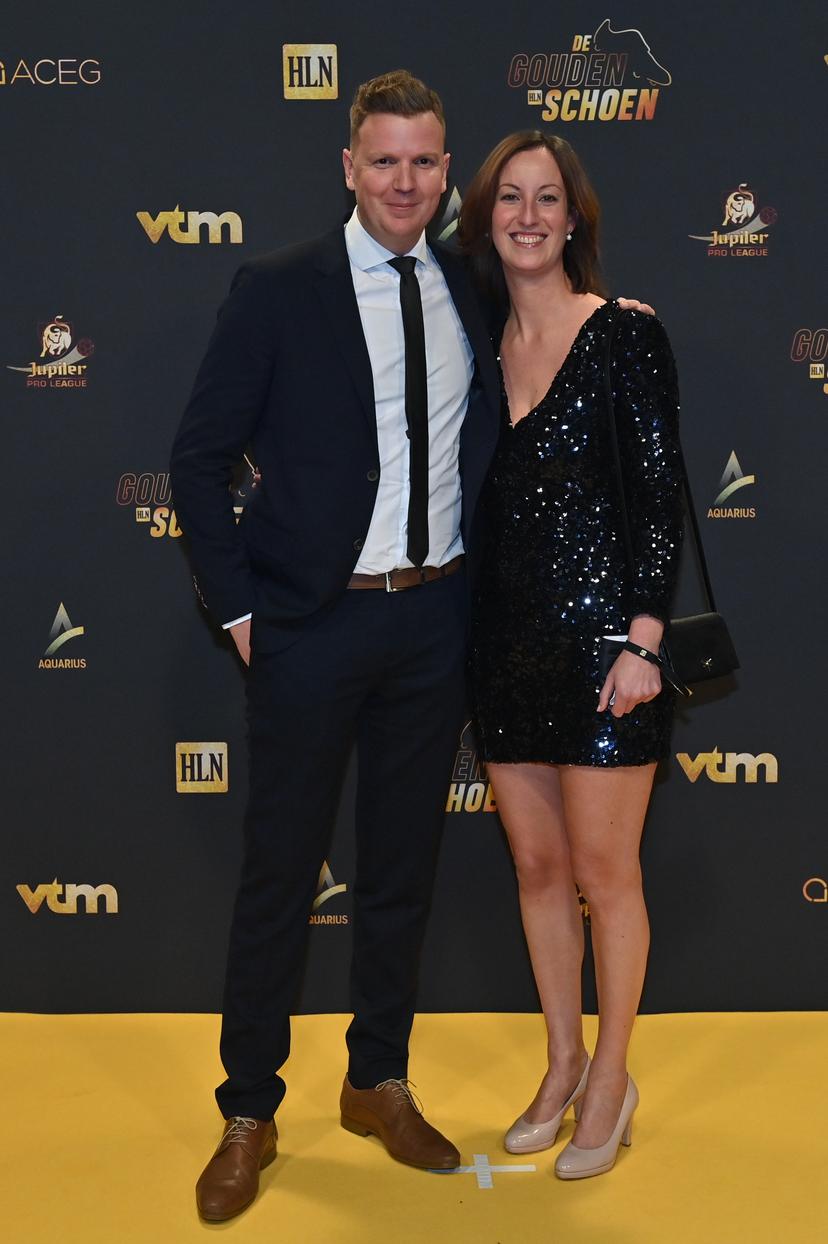 Belgium's press manager Maarten Dedobbeleer and his partner pictured on the red carpet at the arrival for the 68th edition of the 'Golden Shoe' award ceremony, Wednesday 12 January 2022, in Puurs. The Golden Shoe (Gouden Schoen / Soulier d'Or) is an award for the best soccer player of the Belgian Jupiler Pro League championship during the calender year 2019. BELGA PHOTO DIRK WAEM