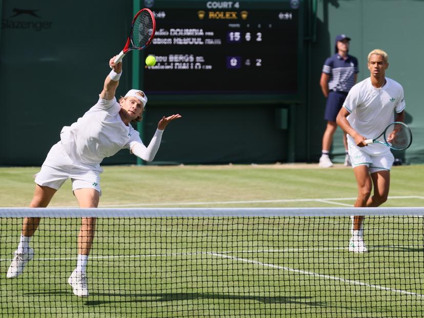 Belgian Zizou Bergs and Canadian Gabriel Diallo pictured in action during a doubles tennis match against French pair Doumbia-Reboul, in the first round of the men's doubles at the 2025 Wimbledon grand slam tournament, Thursday 03 July 2025 at the All England Tennis Club, in South-West London, Britain. BELGA PHOTO BENOIT DOPPAGNE
