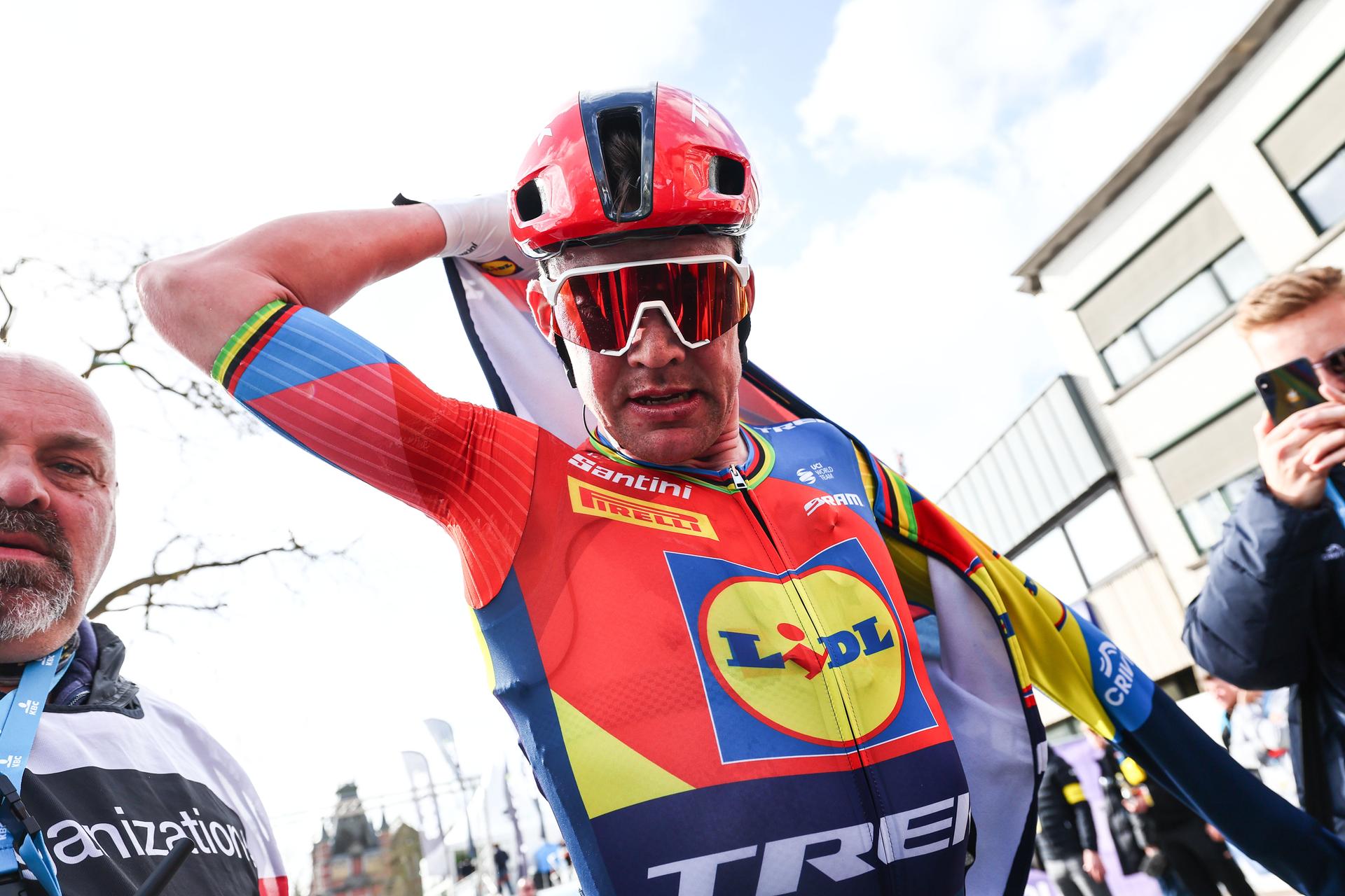 Danish Mads Pedersen of Lidl-Trek crosses the finish line to win the men elite 'Gent-Wevelgem - In Flanders Fields' one day cycling race, 250.3 km from Ieper to Wevelgem, Sunday 30 March 2025. BELGA PHOTO DAVID PINTENS