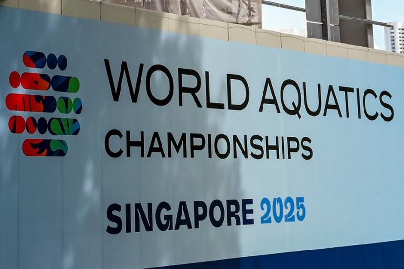 The logo for the upcoming World Aquatics Championships 2025 is pictured outside the construction site for the aquatics arena being built in Singapore on February 4, 2025.  Roslan RAHMAN / AFP