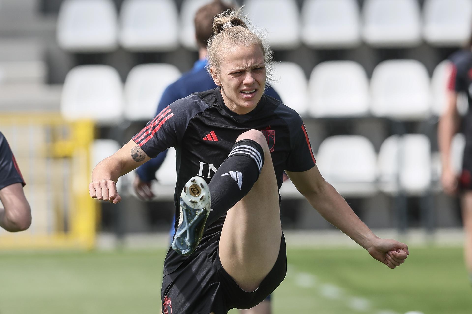 Belgium's Sarah Wijnants pictured during a training session of Belgium's national women's team the Red Flames, on Tuesday 28 May 2024 in Tubize. BELGA PHOTO BRUNO FAHY