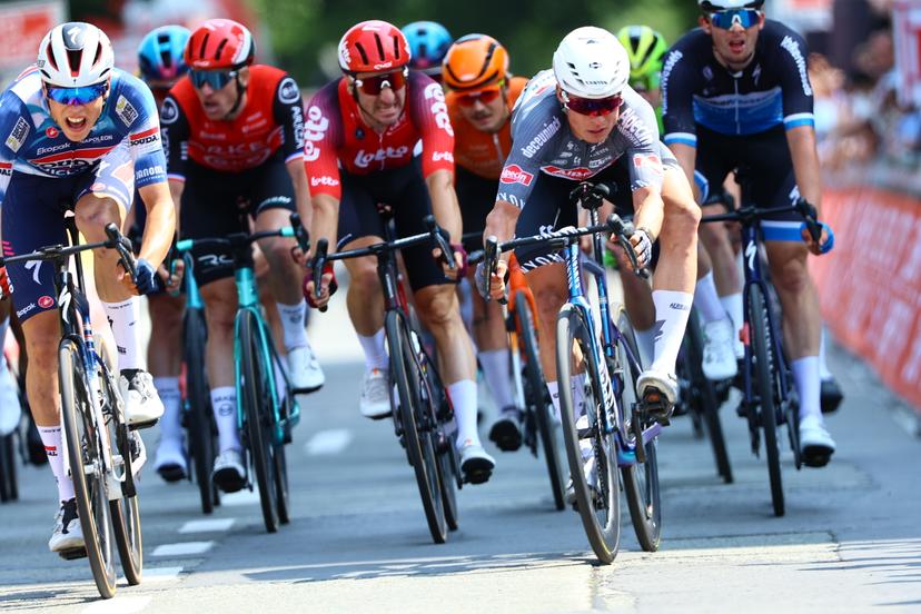 French Paul Magnier of Soudal Quick-Step and Belgian Jasper Philipsen of Alpecin-Deceuninck pictured in action during the Elfstedenronde one day cycling race, race 4 (out of 8) of the Lotto Belgium  Cup, 196 km with start and finish in Brugge, Sunday 15 June 2025. BELGA PHOTO DAVID PINTENS