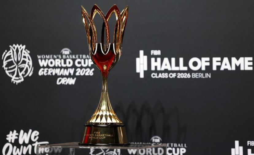 The FIBA Women's Basketball World Cup trophy is displayed prior to the FIBA Women's Basketball 2026 World Cup draw in Berlin on April 21, 2026.  The final round of the 2026 FIBA Women's Basketball World Cup is scheduled to take place in September 2026 in Berlin. Odd ANDERSEN / AFP