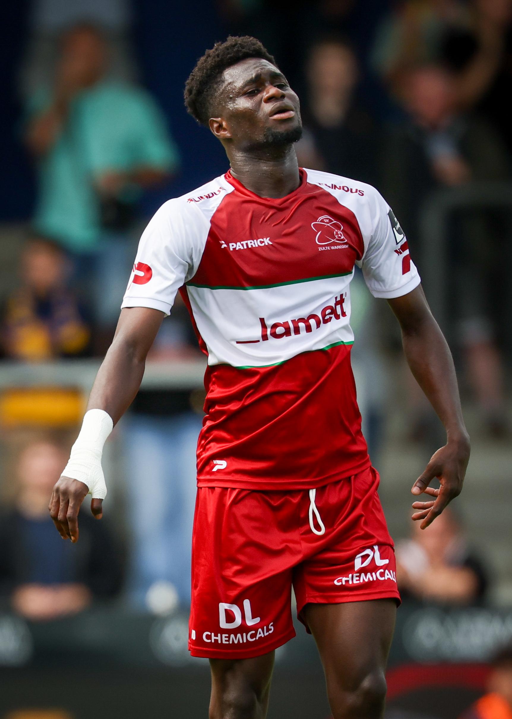 Essevee's Abdoulaye Ablo Traore looks dejected during a soccer match between KVC Westerlo and Zulte Waregem, Saturday 02 August 2025 in Westerlo, on day 2 of the 2025-2026 'Jupiler Pro League' first division of the Belgian championship. BELGA PHOTO VIRGINIE LEFOUR