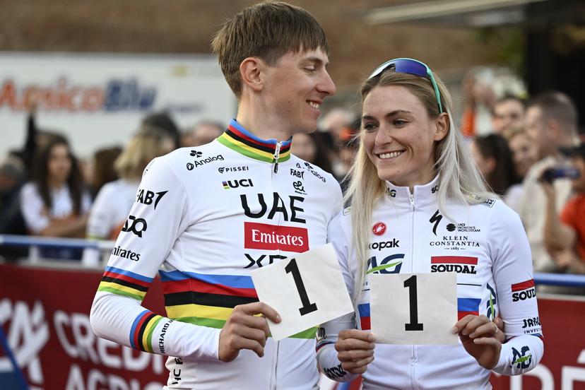 Slovenian Tadej Pogacar of UAE Team Emirates, Slovenian Urska Zigart of AG Insurance-Soudal Team and pictured during the team presentation for tomorrow's 'Strade Bianche' one day cycling race from and to Siena, Italy, . BELGA PHOTO DIRK WAEM