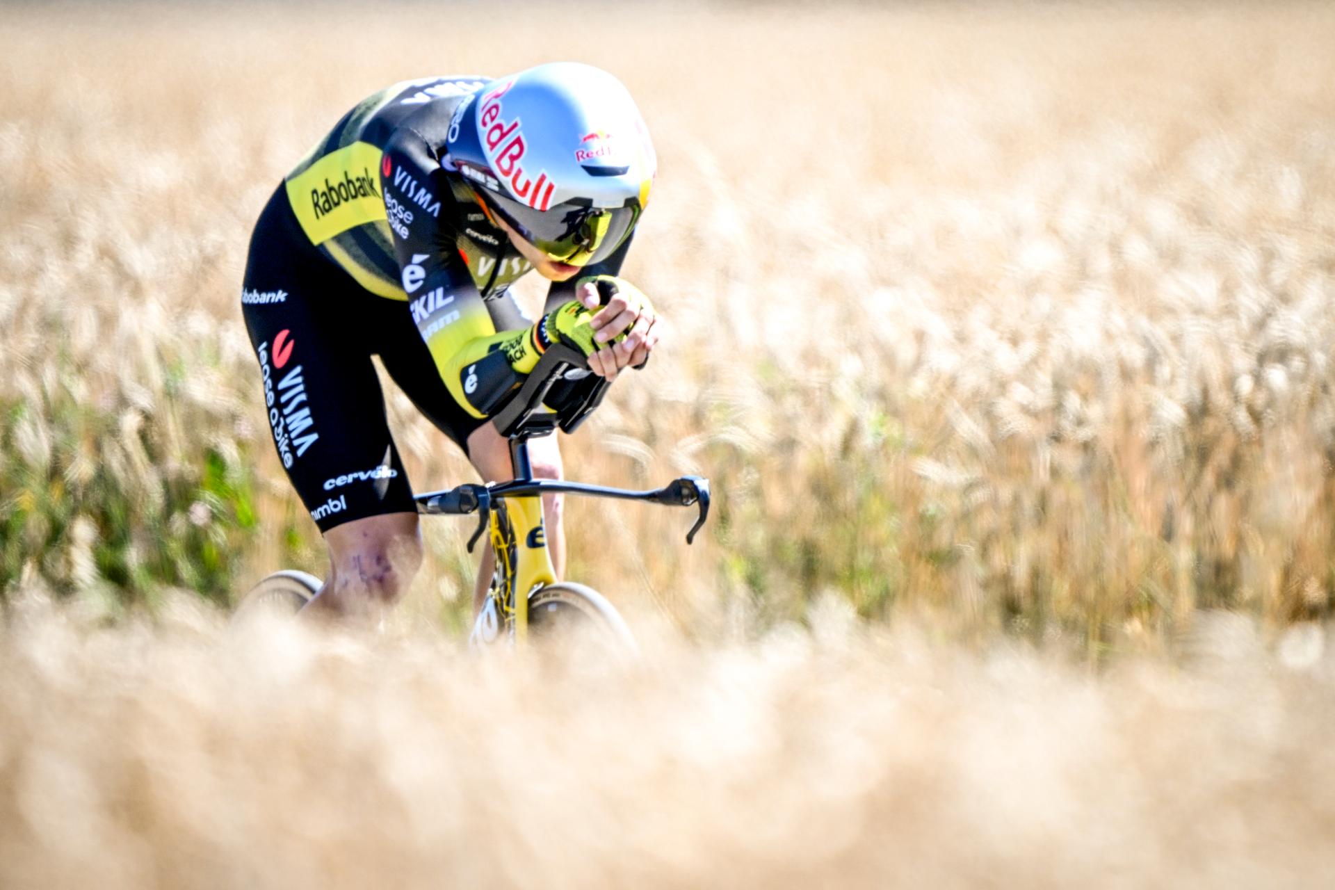 Belgian Wout van Aert of Team Visma-Lease a Bike pictured in action during stage five of the 2025 Tour de France cycling, a 33km time trial in Caen, France on Wednesday 09 July 2025. The 112th edition of the Tour de France starts on Saturday 5 July in Lille, France, and will finish in Paris, France on the 27th of July. BELGA PHOTO JASPER JACOBS