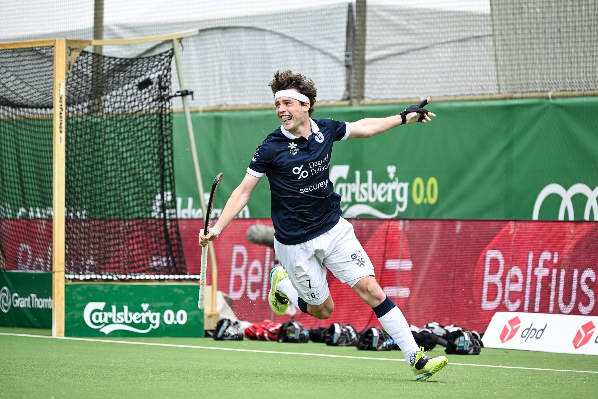 Gantoise's Guillaume Hellin celebrates after scoring during the shootout at a hockey game between Royals Leopold Club and Gantoise, Sunday 25 May 2025 in Antwerp, the second leg game in the finals of the men's 2024-2025 Belgian first division hockey championship. BELGA PHOTO TOM GOYVAERTS