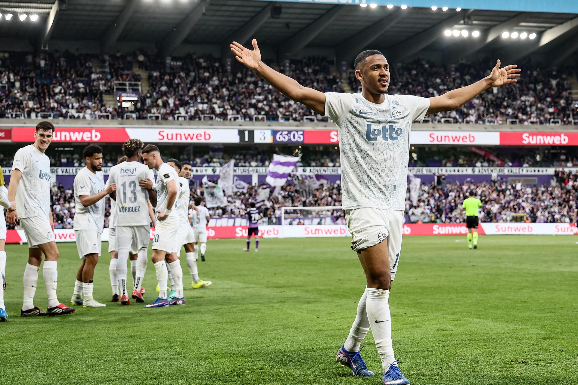 Union's Guilherme Smith celebrates after scoring during a soccer match between RSCA Anderlecht and Union Saint-Gilloise, Sunday 26 April 2026 in Brussels, on the fifth day of the Champion's Play-off of the 2025-2026 'Jupiler Pro League' first division of the Belgian championship. BELGA PHOTO BRUNO FAHY