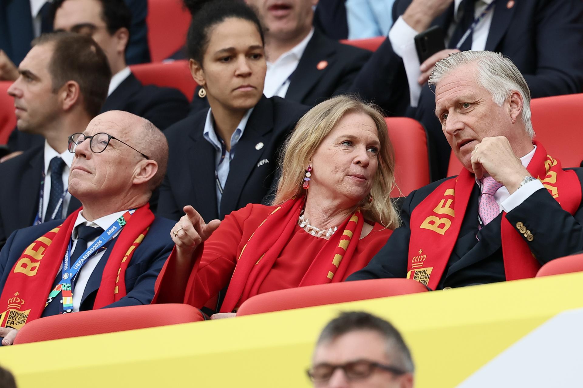 RBFA CEO Piet Vandendriessche, RBFA chairwoman Pascale Van Damme and King Philippe - Filip of Belgium pictured at the start of a soccer game between Belgian national soccer team Red Devils and Romania, Saturday 22 June 2024 in Cologne, Germany, the second match in the group stage of the UEFA Euro 2024 European championships. BELGA PHOTO BRUNO FAHY