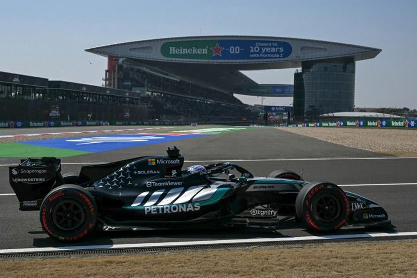 Mercedes' British driver George Russell drives during a practice session ahead of the Formula One Chinese Grand Prix at the Shanghai International Circuit in Shanghai on March 13, 2026.  GREG BAKER / AFP