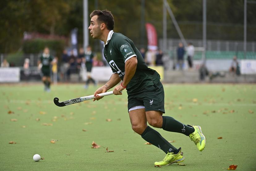 Watduck's Thomas Domene pictured in action during a hockey game between Waterloo Ducks and Braxgata, Sunday 20 October 2024 in Brussels, on day 7 of the Belgian first division hockey championship. BELGA PHOTO JOHN THYS