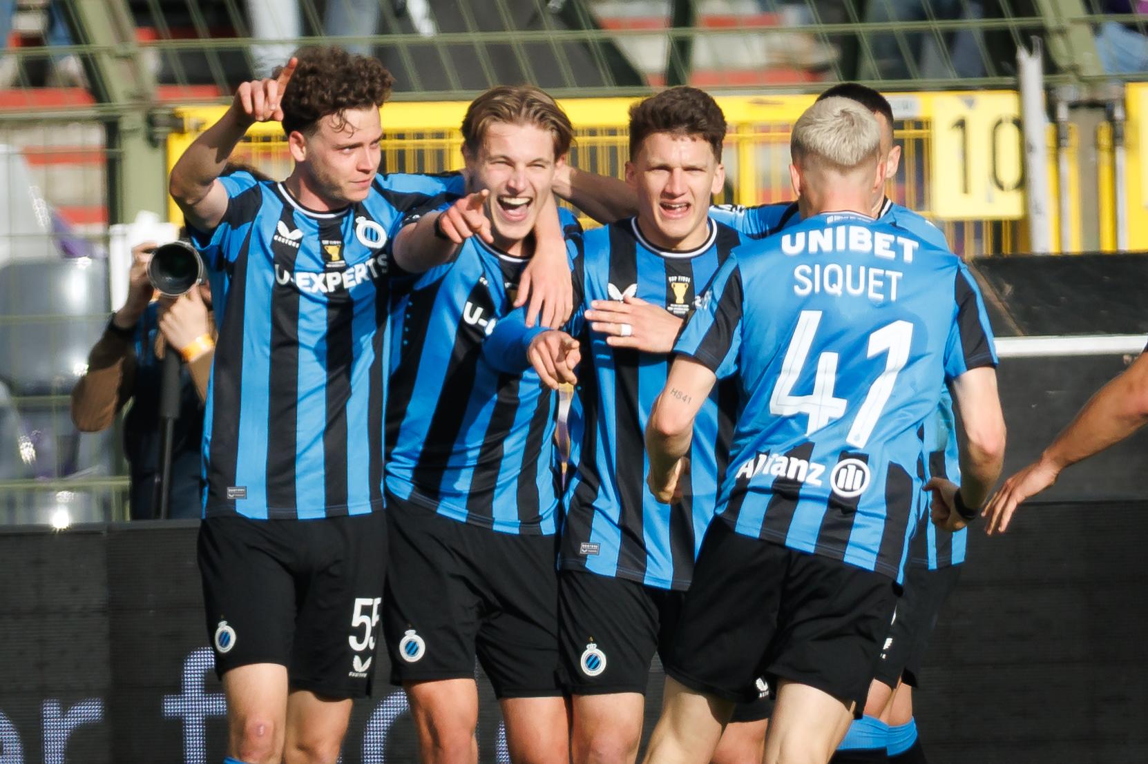 Club's Romeo Vermant celebrates after scoring during a soccer game between Club Brugge and RSC Anderlecht in Brussels, Sunday 04 May 2025, the final of the 'Croky Cup' Belgian soccer cup. BELGA PHOTO KURT DESPLENTER