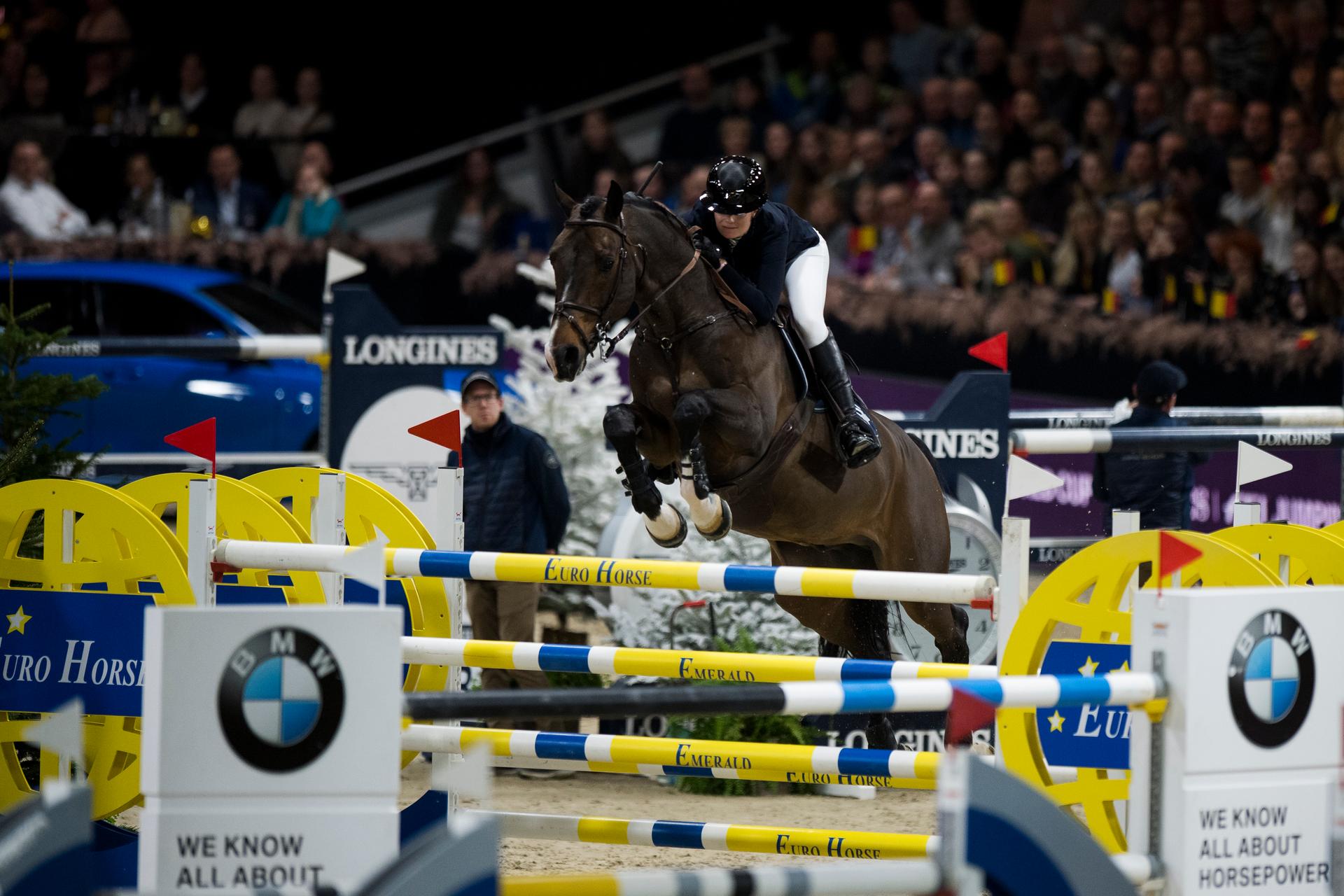 Zoe Conter with Univers de Vinnebus pictured in action during the FEI World Cup Jumping competition at the 'Vlaanderens Kerstjumping - Memorial Eric Wauters' equestrian event, in Mechelen, Monday 30 December 2019. BELGA PHOTO JASPER JACOBS
