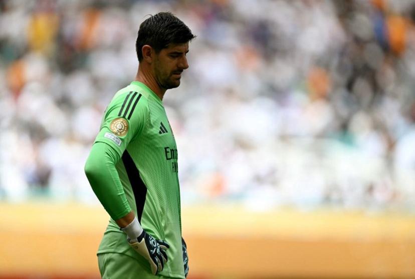 Real Madrid's Belgian goalkeeper #01 Thibaut Courtois reacts during the FIFA Club World Cup 2025 Group H football match between Spain's Real Madrid and Saudi's Al-Hilal at the Hard Rock stadium in Miami on June 18, 2025.  PATRICIA DE MELO MOREIRA / AFP