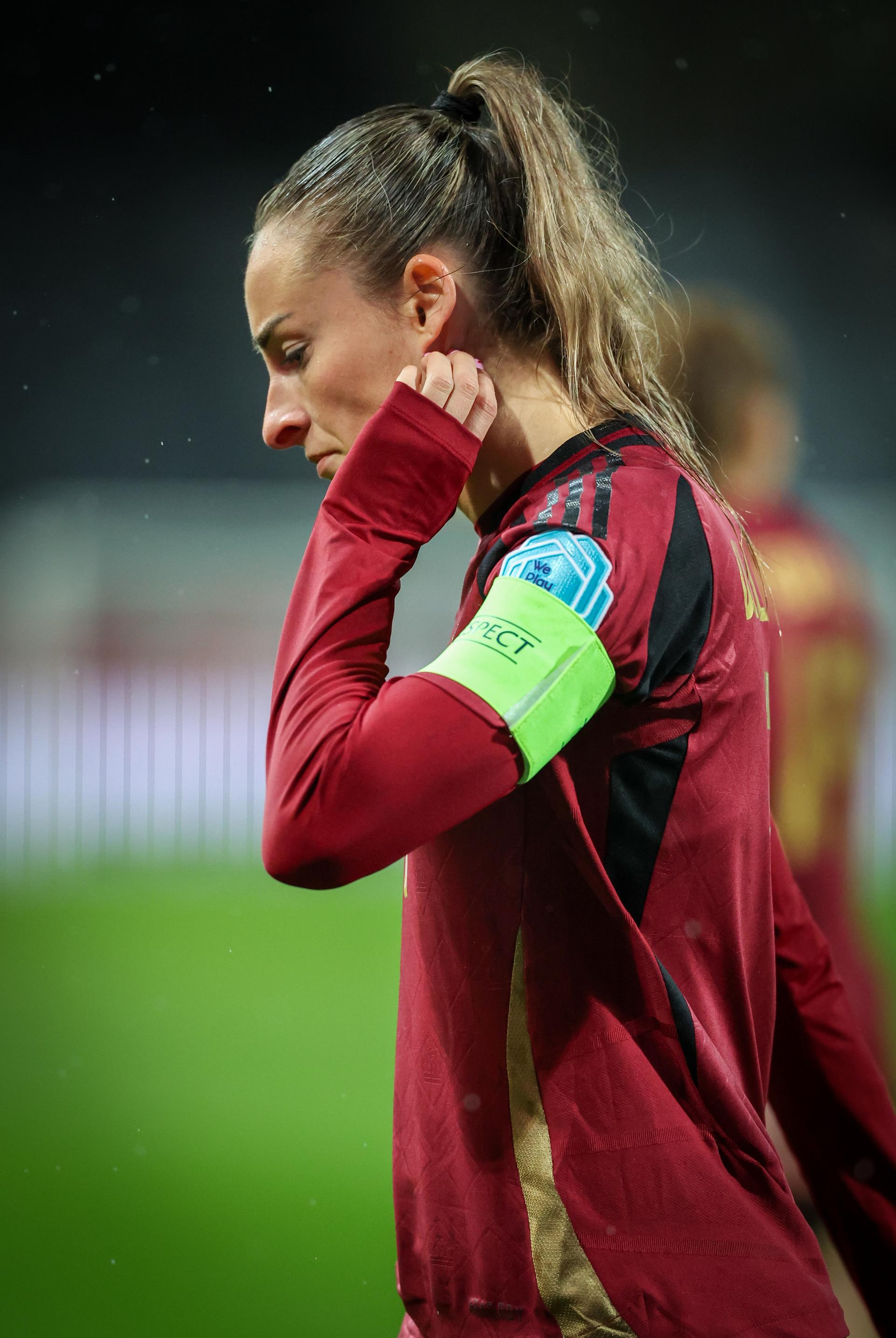 Belgium's Tessa Wullaert looks dejected during a soccer game between the national teams of Belgium (Red Flames) and Portugal, on the second matchday in group A3 of the 2024-25 Women's Nations League competition, on Wednesday 26 February 2025 in Heverlee, Leuven. BELGA PHOTO VIRGINIE LEFOUR