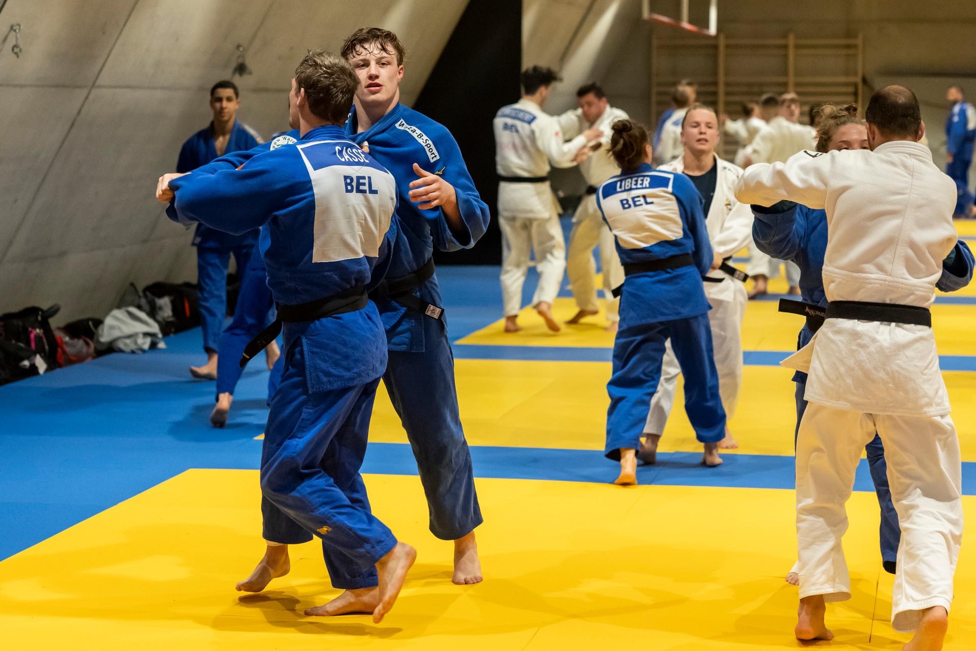 Belgian Jarne Duyck and Belgian Matthias Casse pictured during a training session at a training camp of Judo Belgium, ahead of the Judo European Championships in Zagreb (25-28/04), at the Stedelijk Lyceum Topsport, in Wilrijk, Antwerp, Saturday 20 April 2024. BELGA PHOTO DAVID PINTENS