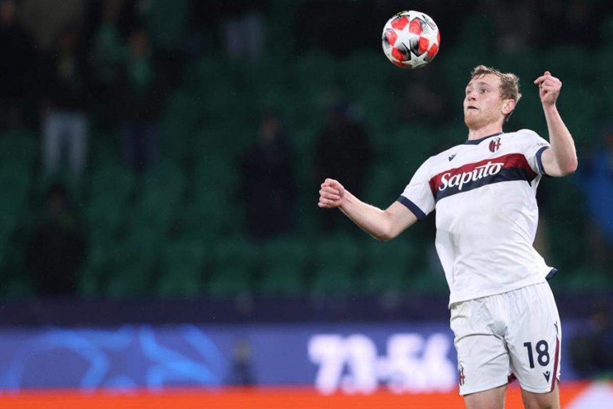 Bologna's Italian midfielder #18 Tommaso Pobega controls the ball during the UEFA Champions League, league phase football match between Sporting CP and Bologna FC at Alvalade stadium in Lisbon on January 29, 2025.  Filipe AMORIM / AFP