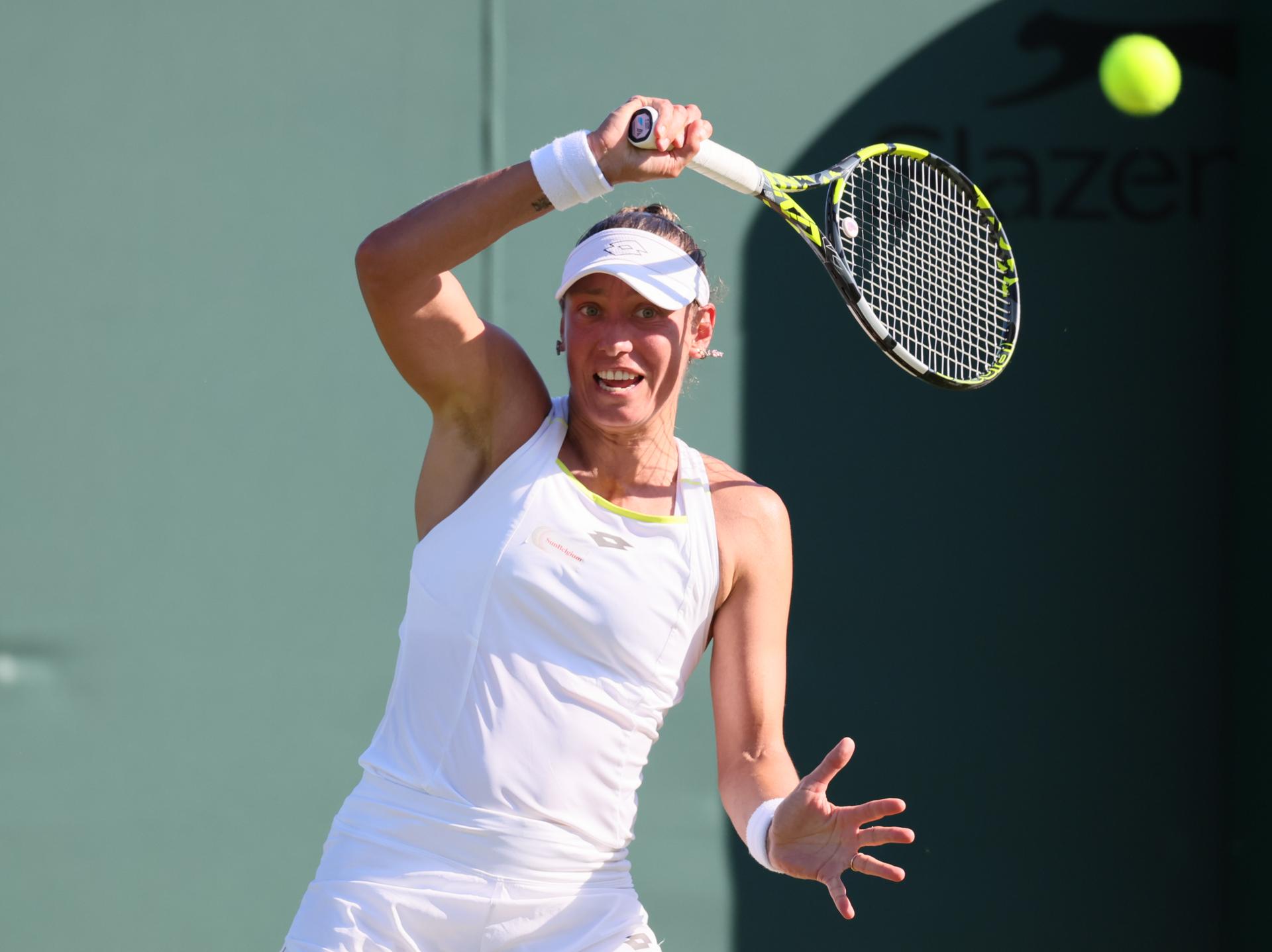Belgian Yanina Wickmayer pictured in action during a tennis match against Mexican Zarazua, in the first round of the women's singles at the 2025 Wimbledon grand slam tournament, Monday 30 June 2025 at the All England Tennis Club, in South-West London, Britain. BELGA PHOTO BENOIT DOPPAGNE