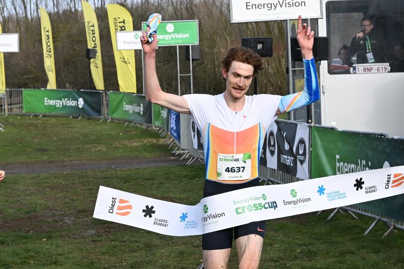 Luxembourg's Ruben Querinjean celebrates as he crosses the finish line to win the men's race at the CrossCup cross country running athletics event in Diest, the fourth stage of the CrossCup competition, on Sunday 15 February 2026. BELGA PHOTO JILL DELSAUX