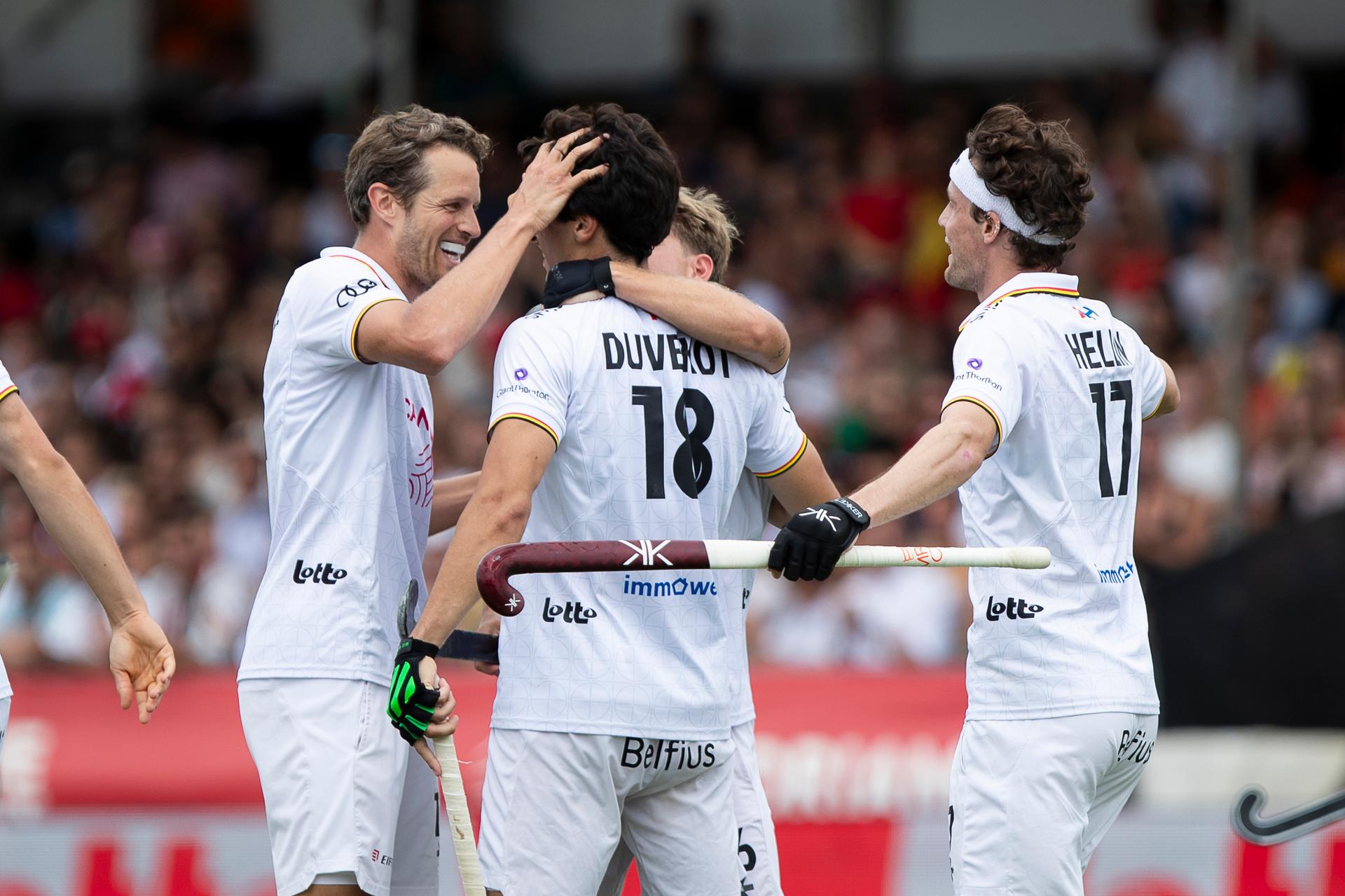 Belgium's Nicolas de Kerpel and Belgium's Roman Duvekot celebrate after scoring during a hockey game between Belgian national team Red Lions and England, match 15/16 in the group stage of the 2025 men's FIH Pro League, Saturday 28 June 2025 in Antwerp. BELGA PHOTO KRISTOF VAN ACCOM