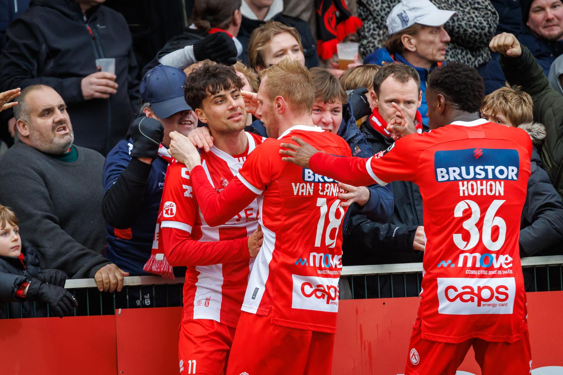Kortrijk's Denes Vilmos celebrates after scoring during a soccer game between KV Kortrijk and KSC Lokeren, Sunday 01 February 2026 in Kortrijk, on day 23 of the 2025-2026 'Challenger Pro League' 1B second division of the Belgian championship. BELGA PHOTO KURT DESPLENTER