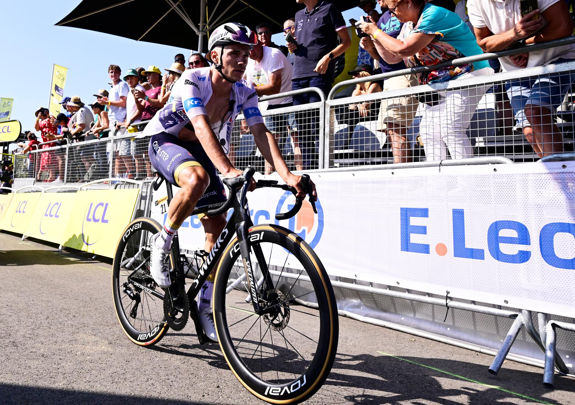 Belgian Remco Evenepoel of Soudal Quick-Step crosses the finish line of stage 12 of the 2025 Tour de France cycling, from Auch to Hautacam (181 km), on Thursday 17 July 2025 in France. The 112th edition of the Tour de France starts on Saturday 5 July in Lille, France, and will finish in Paris, France on the 27th of July.   BELGA PHOTO DIRK WAEM