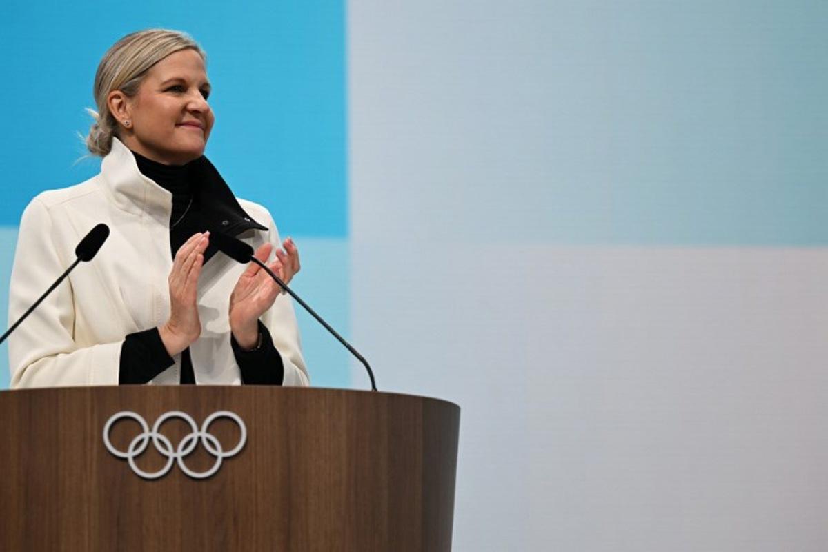 IOC President Kirsty Coventry delivers a speech during the first day of the 145th IOC Session, in Milan, northern Italy, on February 3, 2026.  Daniel MUÑOZ / AFP