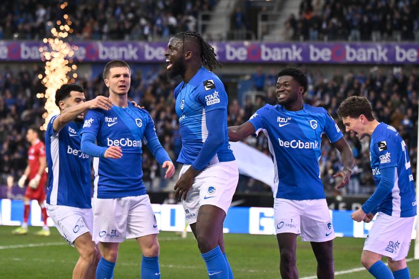 Genk's Tolu Toluwalase Arokodare celebrates after scoring during a soccer match between KRC Genk and KAA Gent, Sunday 30 March 2025 in Gent, on day 1 (out of 10) of the Champions' Play-offs of the 2024-2025 'Jupiler Pro League' first division of the Belgian championship. BELGA PHOTO JOHAN EYCKENS