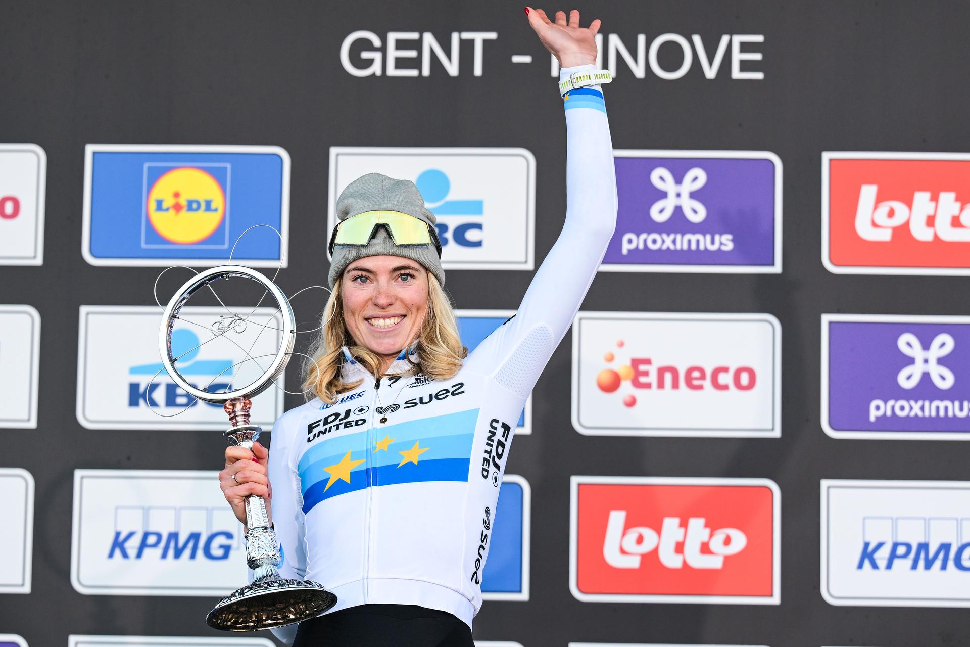 Dutch Demi Vollering of FDJ United-SUEZ celebrates on the podium after winning the women's one-day cycling race Omloop Het Nieuwsblad (UCI World Tour), the opening race of the Flemish one-day classics season, 137,6 km from Gent to Ninove, Saturday 28 February 2026. BELGA PHOTO DAVID PINTENS
