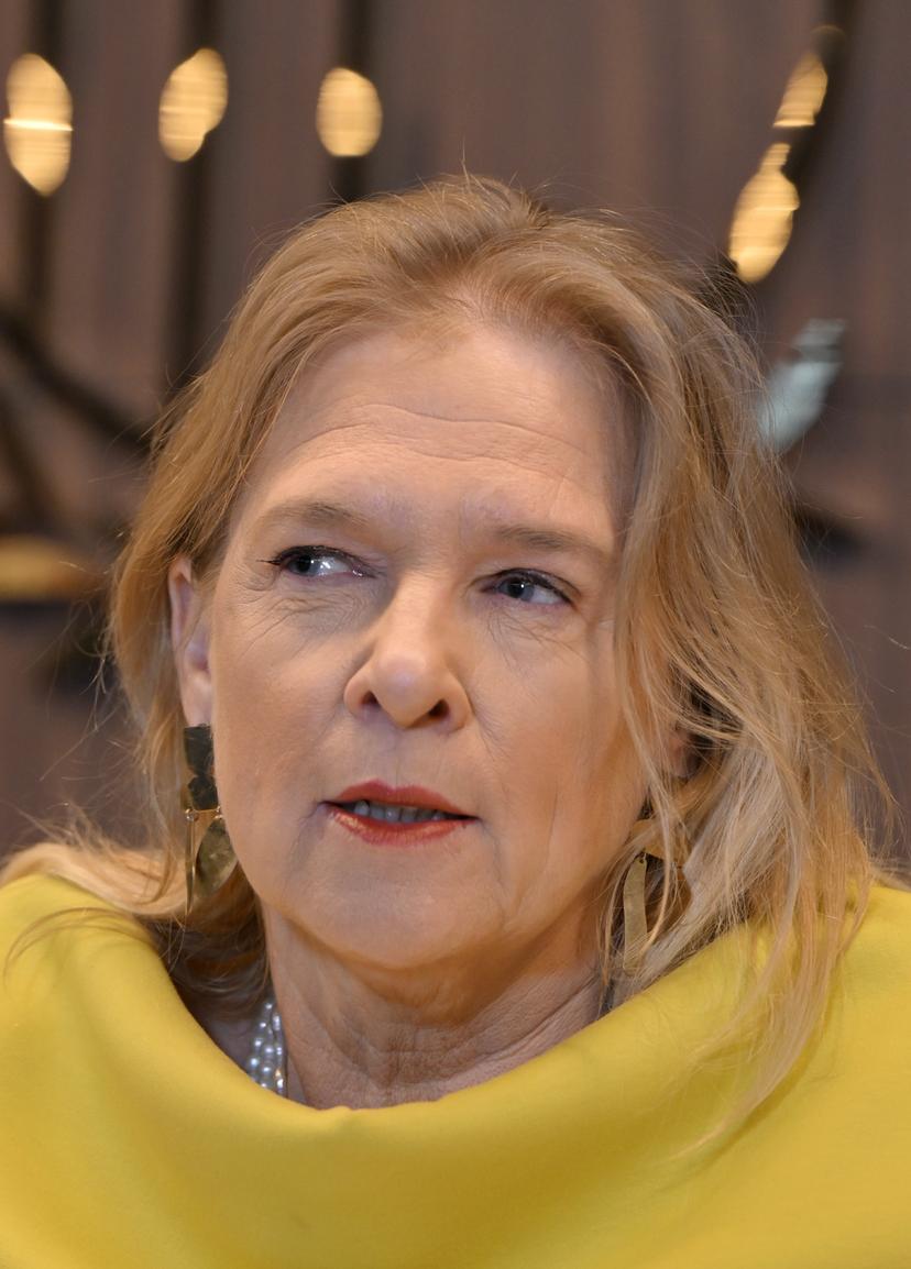 KBVB-URBFA chairwoman Pascale Van Damme pictured during a informal round table discussion with the newly appointed CEO of the Belgian soccer union KBVB-URBSFA, Friday 26 January 2024, in Tubize. BELGA PHOTO ERIC LALMAND