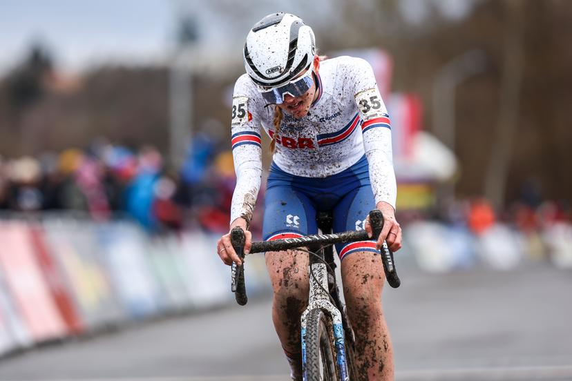British Cat Ferguson crosses the finish line at the women junior race event of the Cyclocross World Championships on Saturday 03 February 2024 in Tabor, Czech Republic. BELGA PHOTO DAVID PINTENS