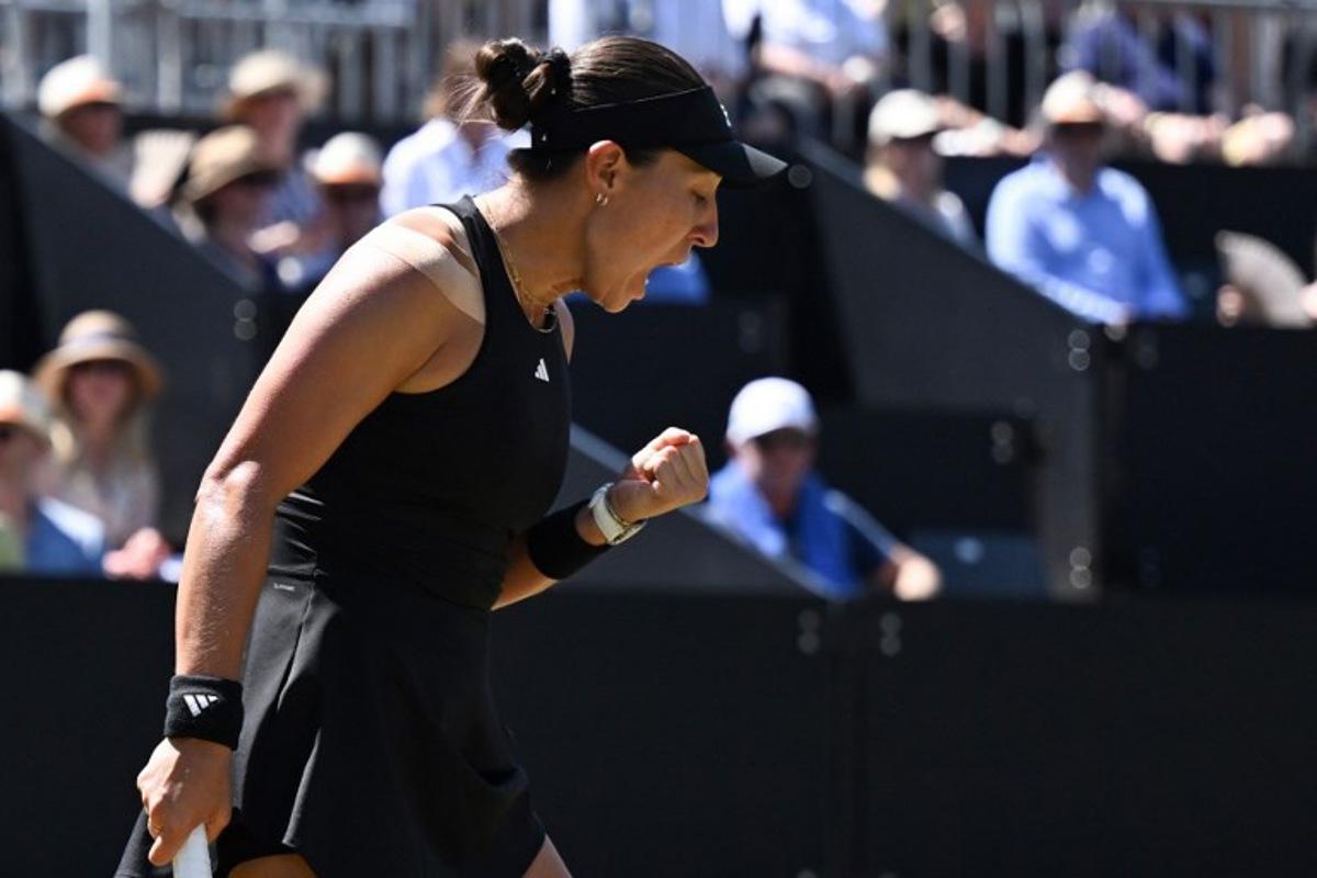 USA's Jessica Pegula reacts as she plays against Poland's Iga Swiatek (not pictured) during their final match of the 2025 WTA Bad Homburg Open Tennis Tournament on June 28, 2025 in Bad Homburg, western Germany.  Kirill KUDRYAVTSEV / AFP