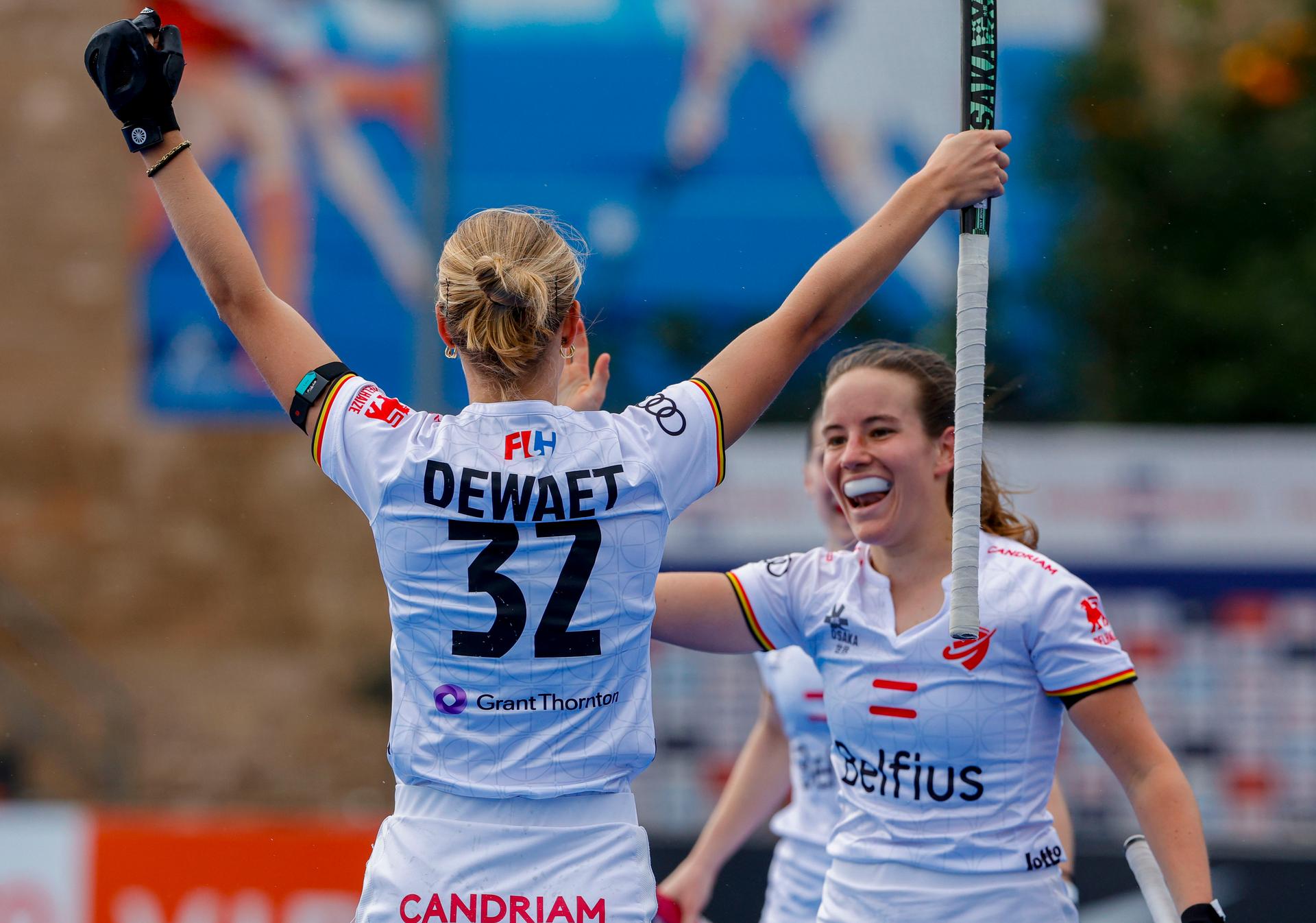 Belgium's Louise Dewaet pictured celebrating during a hockey game between Belgian national team Red Panthers and Spain, The fifth game (out of 16) in the group stage of the 2025-2026 women's FIH Pro League, Thursday 05 February 2026 in Valencia, Spain.  BELGA PHOTO DAVID GONZALEZ