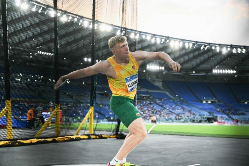 Lithuania's Mykolas Alekna competes in the men's discus throw event of the Diamond League athletics meeting at the Olympic stadium in Rome on August 30, 2024.  Tiziana FABI / AFP