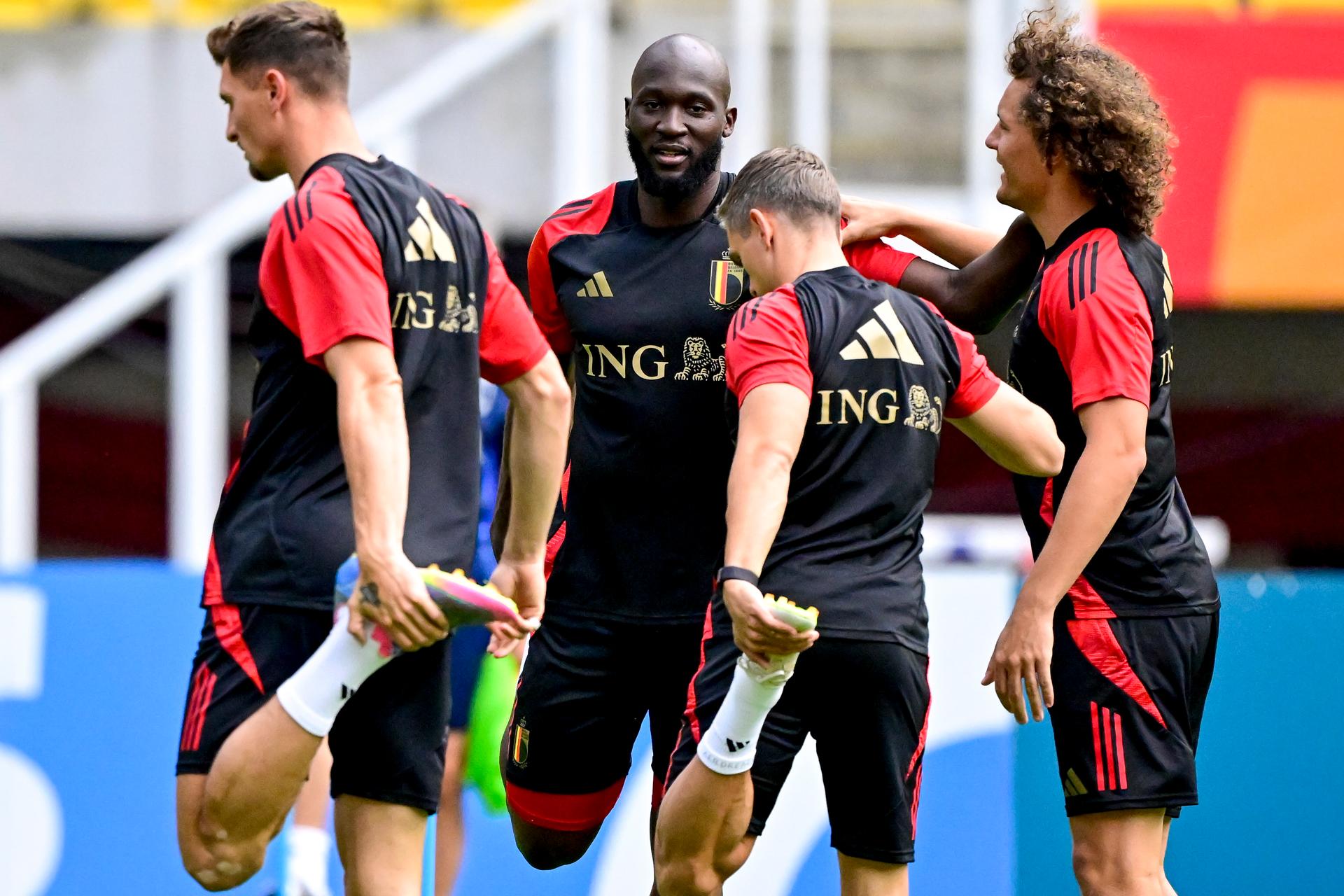 Belgium's Thomas Meunier, Belgium's Romelu Lukaku and Belgium's Wout Faes pictured during a training session of the Red Devils, the Belgian national soccer team, In Skopje, Northern Macedonia, Thursday 05 June 2025. The team is preparing for the World Cup 2026 qualifiers against North Macedonia (06/06). BELGA PHOTO DIRK WAEM